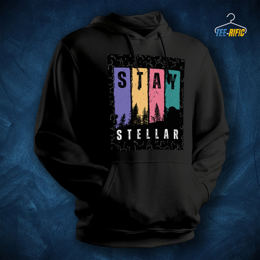 Black Unisex Hoodie with a design in front saying Stay Stellar for astronomy enthusiasts and sky gazers.