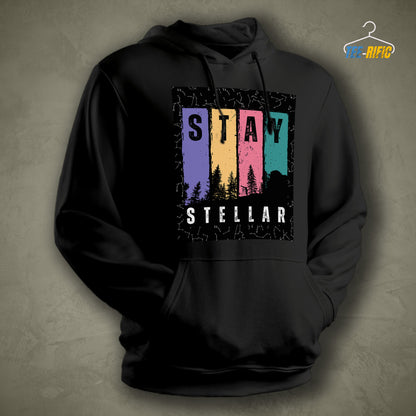 Black Unisex Hoodie with a design in front saying Stay Stellar for astronomy enthusiasts and sky gazers.