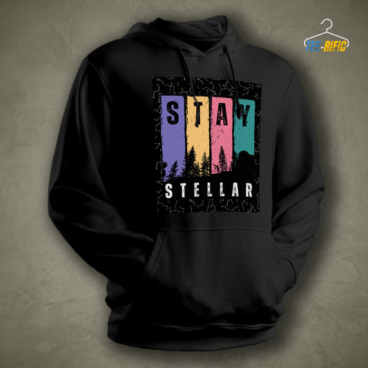 Black Unisex Hoodie with a design in front saying Stay Stellar for astronomy enthusiasts and sky gazers.