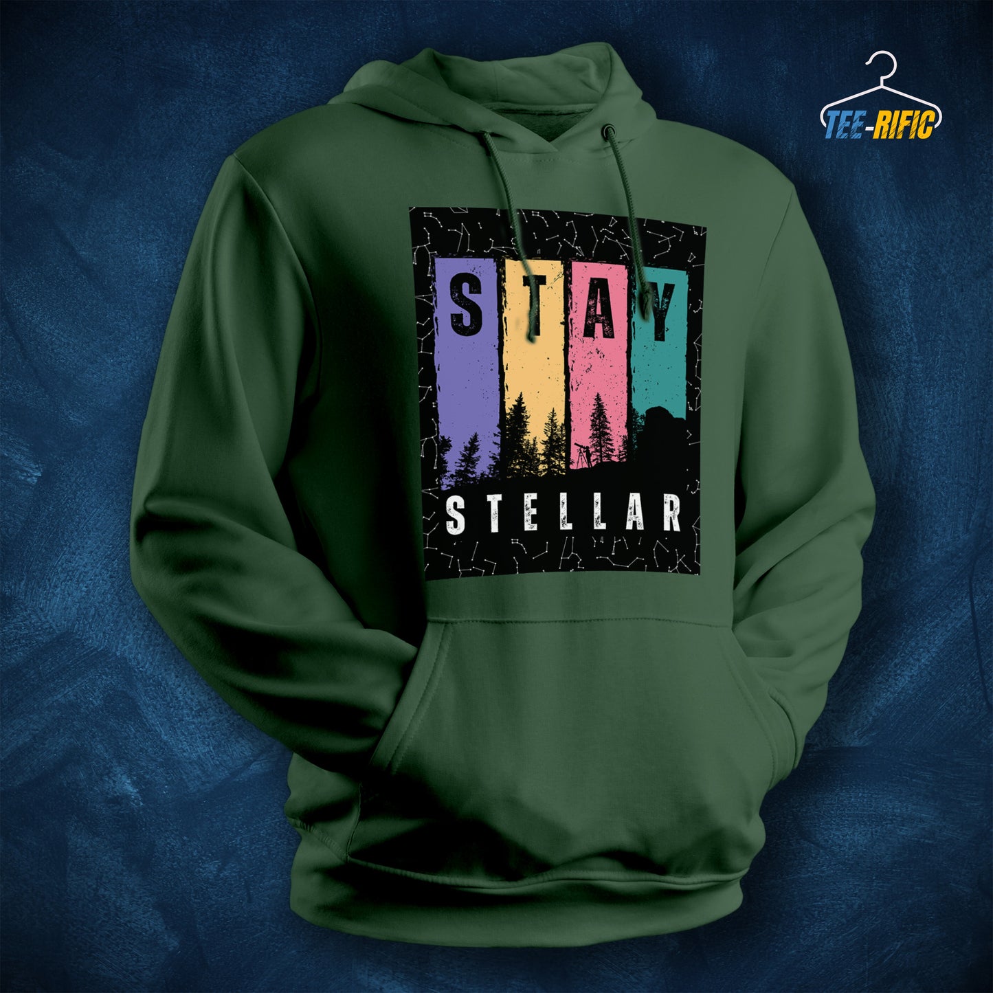 Bottle Green Unisex Hoodie with a design in front saying Stay Stellar for astronomy enthusiasts and sky gazers.
