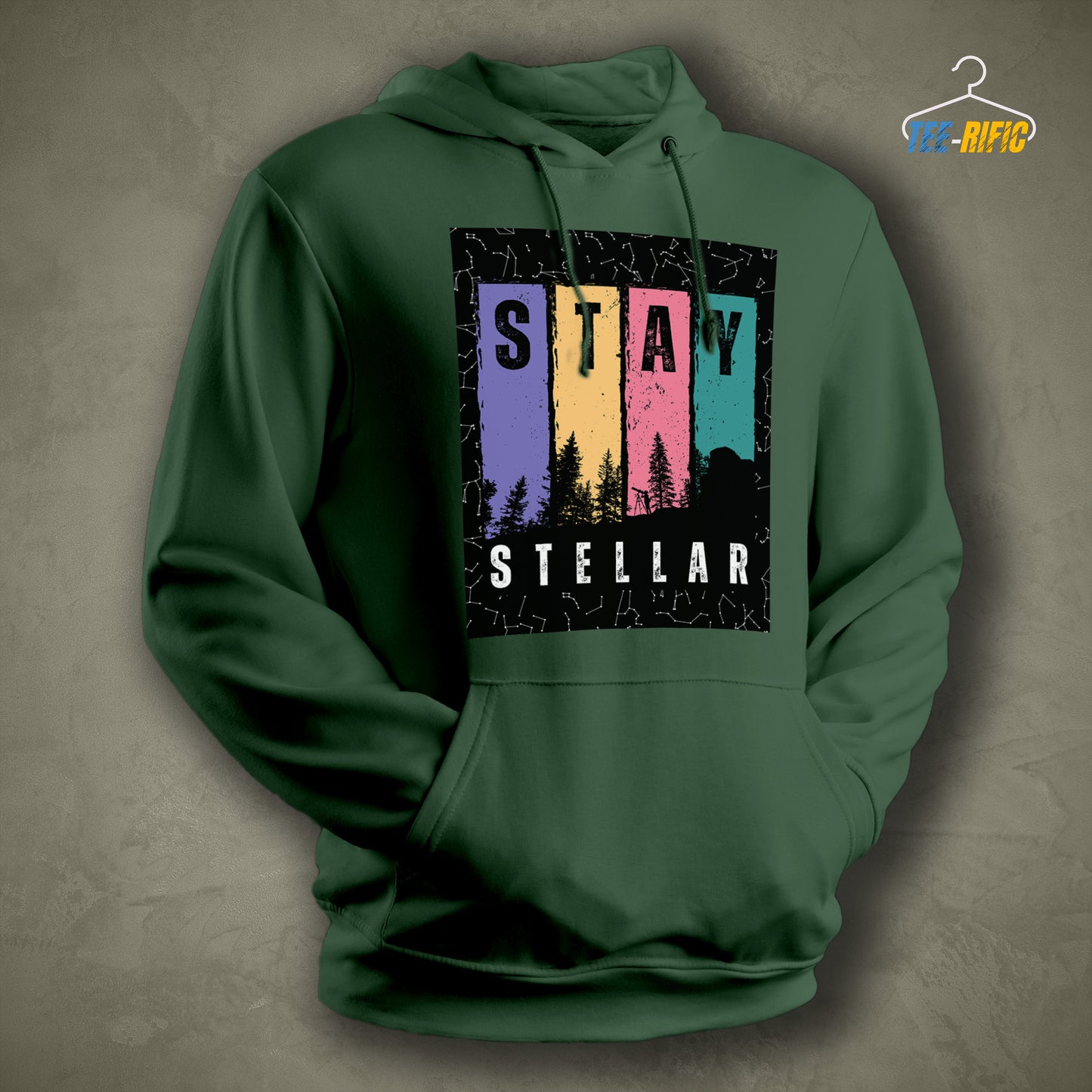 Bottle Green Unisex Hoodie with a design in front saying Stay Stellar for astronomy enthusiasts and sky gazers.