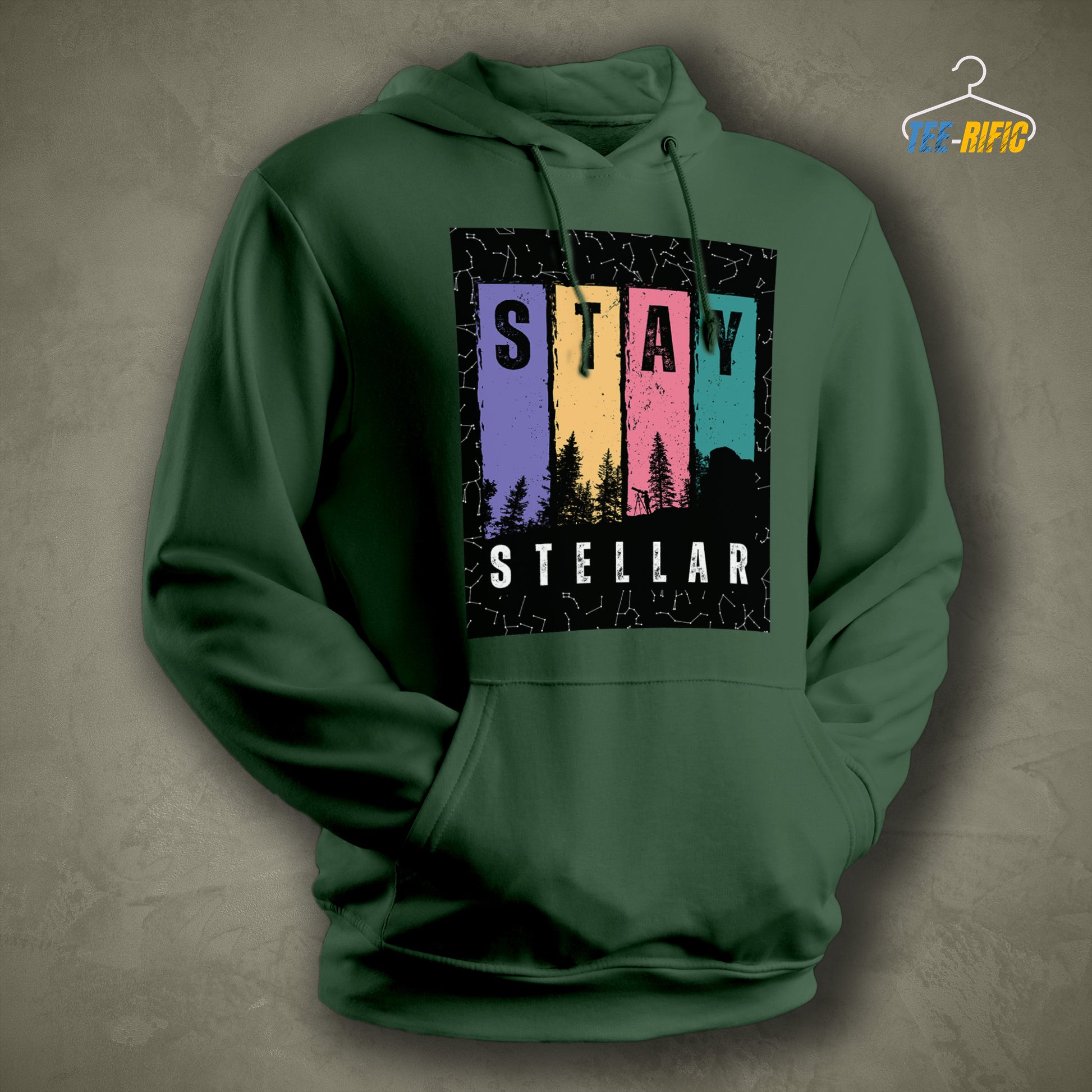 Bottle Green Unisex Hoodie with a design in front saying Stay Stellar for astronomy enthusiasts and sky gazers.