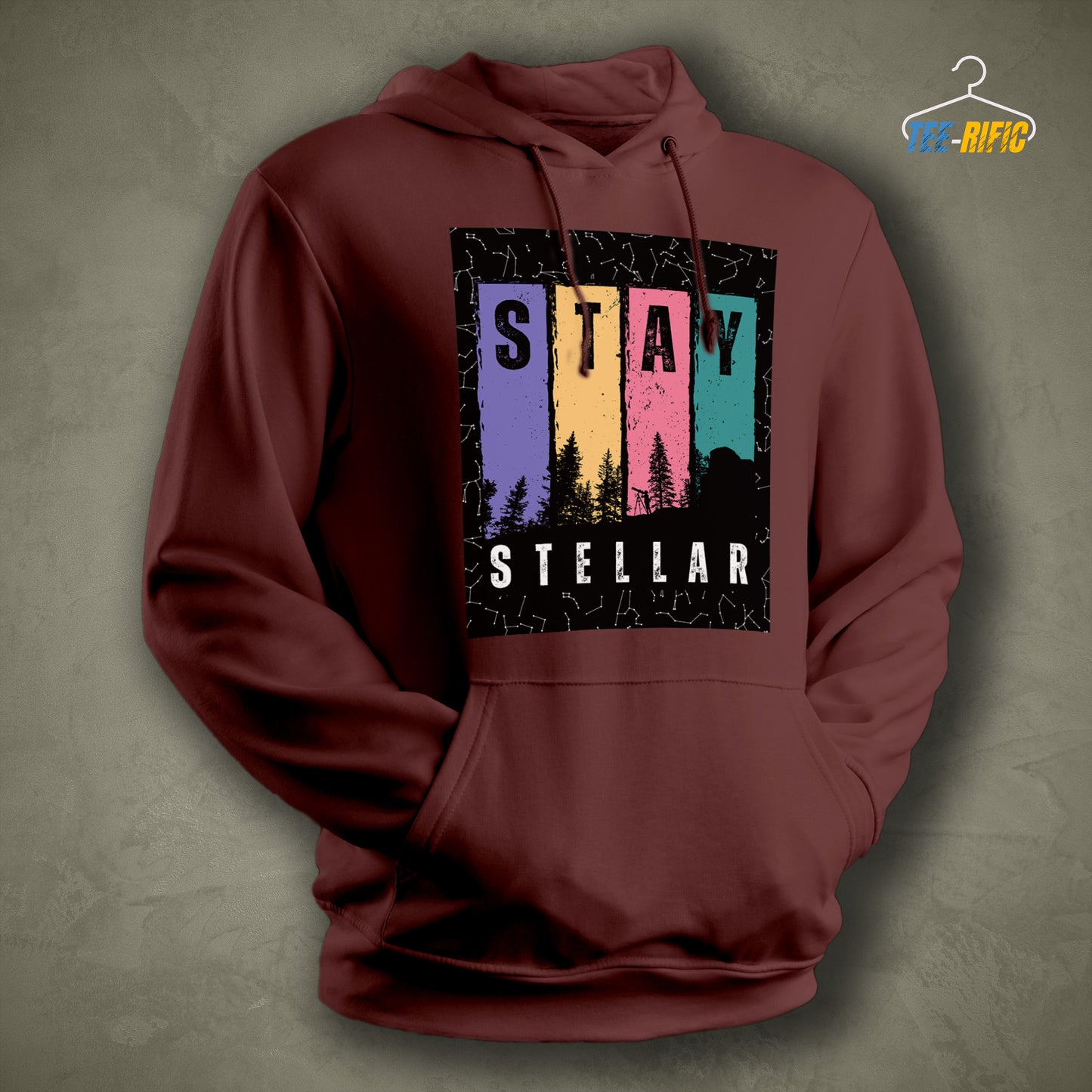 Brown Unisex Hoodie with a design in front saying Stay Stellar for astronomy enthusiasts and sky gazers.