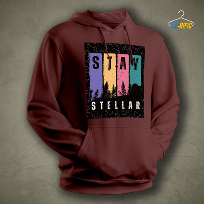 Brown Unisex Hoodie with a design in front saying Stay Stellar for astronomy enthusiasts and sky gazers.
