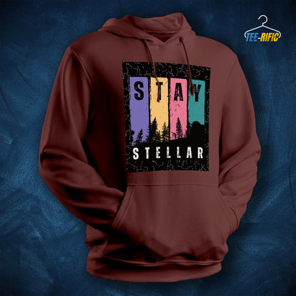 Brown Unisex Hoodie with a design in front saying Stay Stellar for astronomy enthusiasts and sky gazers.