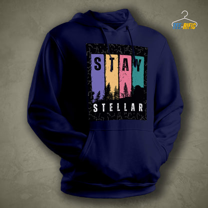 Navy Blue Unisex Hoodie with a design in front saying Stay Stellar for astronomy enthusiasts and sky gazers.