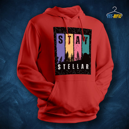 Red Unisex Hoodie with a design in front saying Stay Stellar for astronomy enthusiasts and sky gazers.