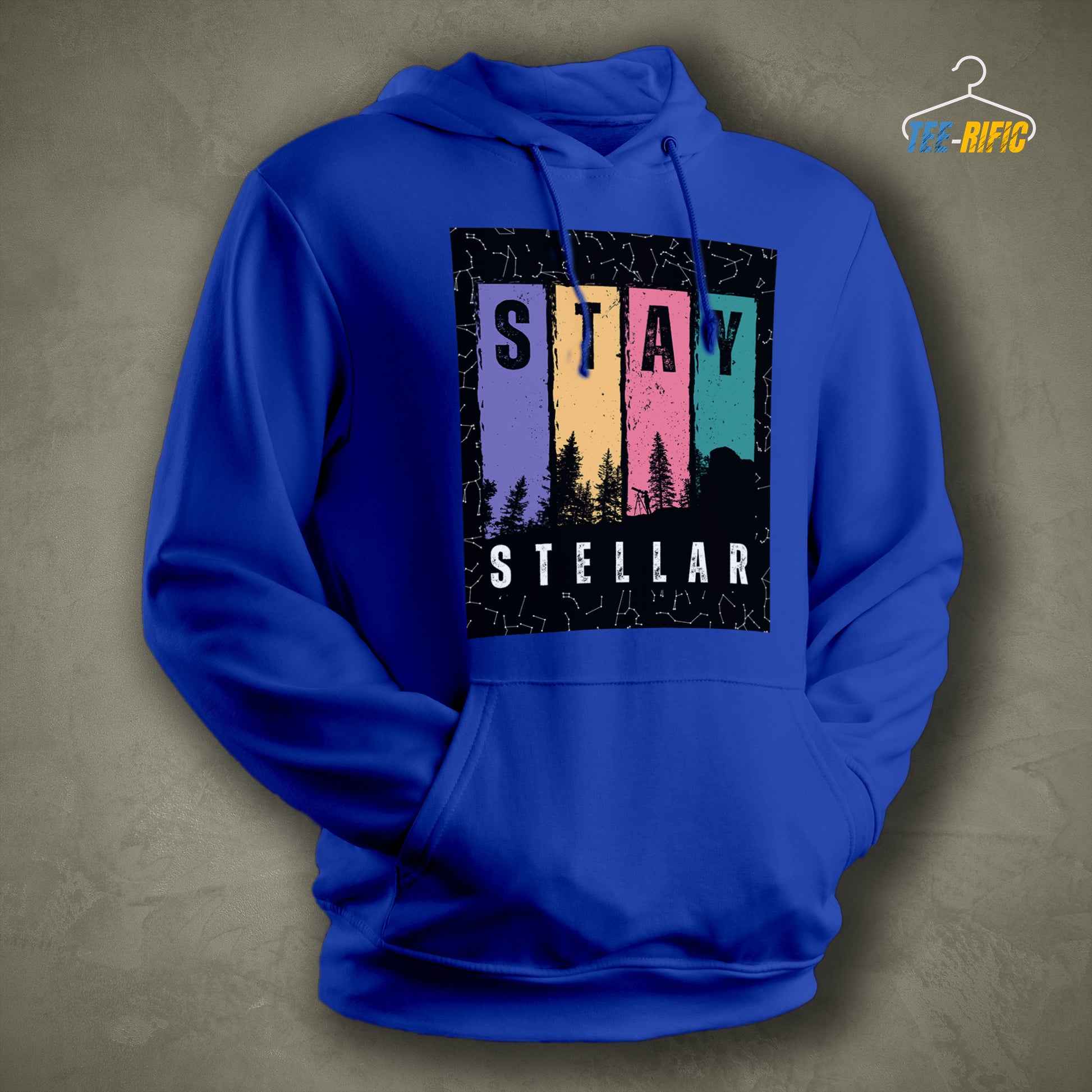 Blue Unisex Hoodie with a design in front saying Stay Stellar for astronomy enthusiasts and sky gazers.