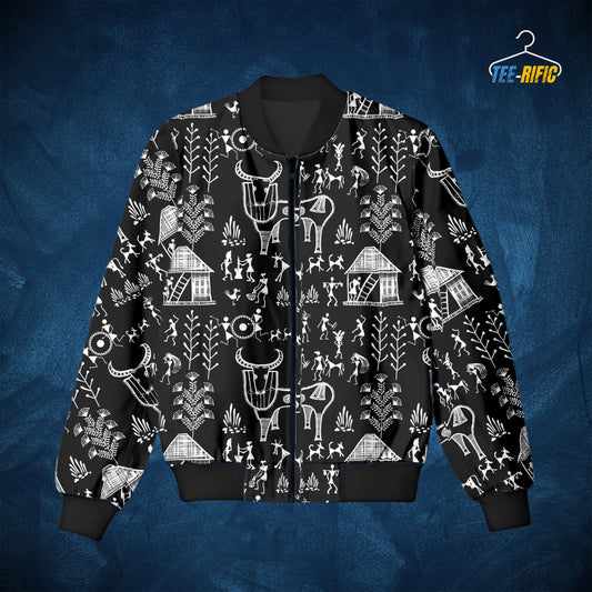Bomber Jacket with Warli Art White on Black Design on blue background