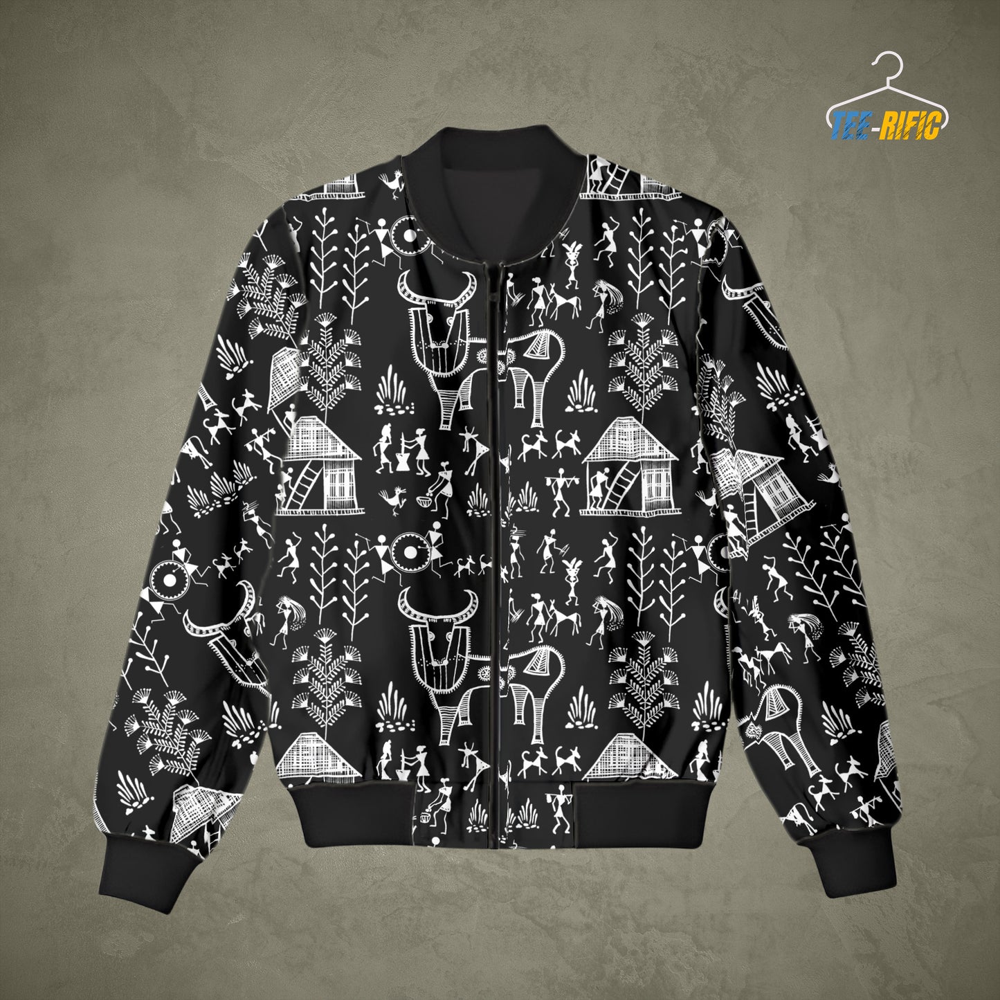 Bomber Jacket with Warli Art White on Black Design on light background