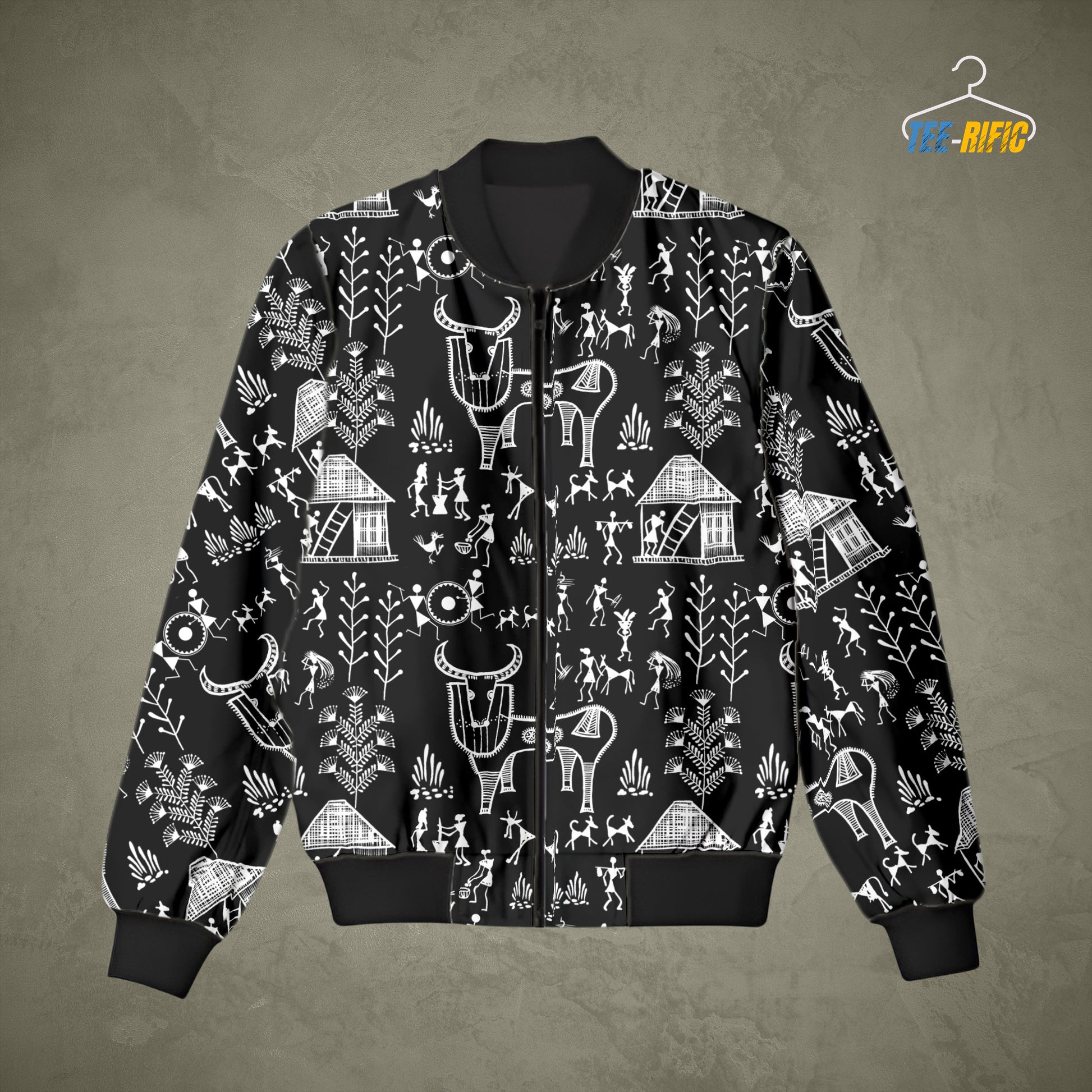 Bomber Jacket with Warli Art White on Black Design on light background