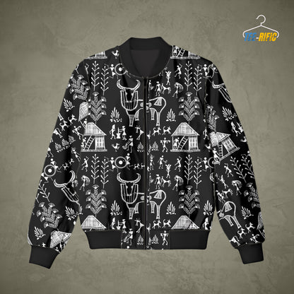 Bomber Jacket with Warli Art White on Black Design on light background