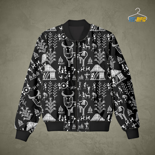 Bomber Jacket with Warli Art White on Black Design on light background