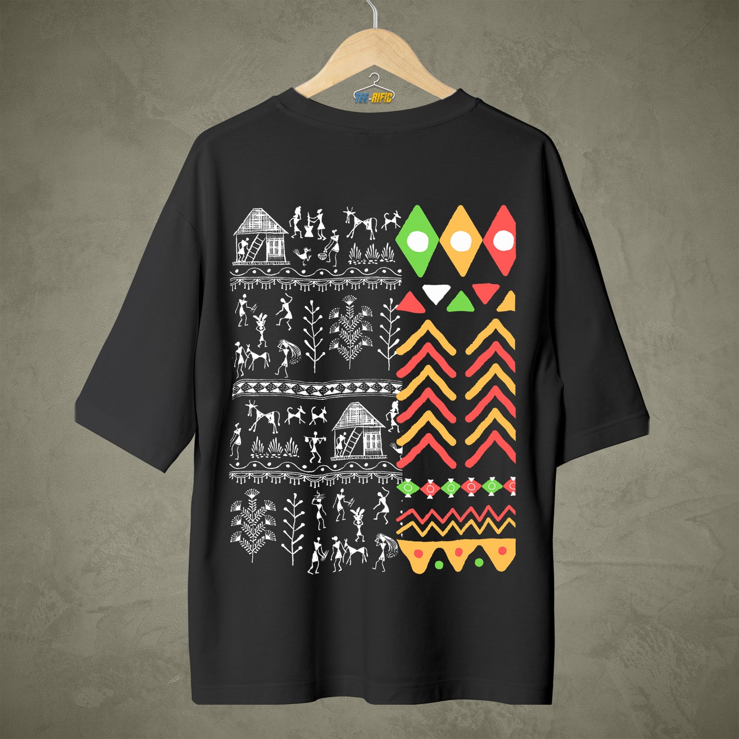 Warli Tribal Art Over Sized Black T- shirt. ideal for those who appreciates Local art of different communities.