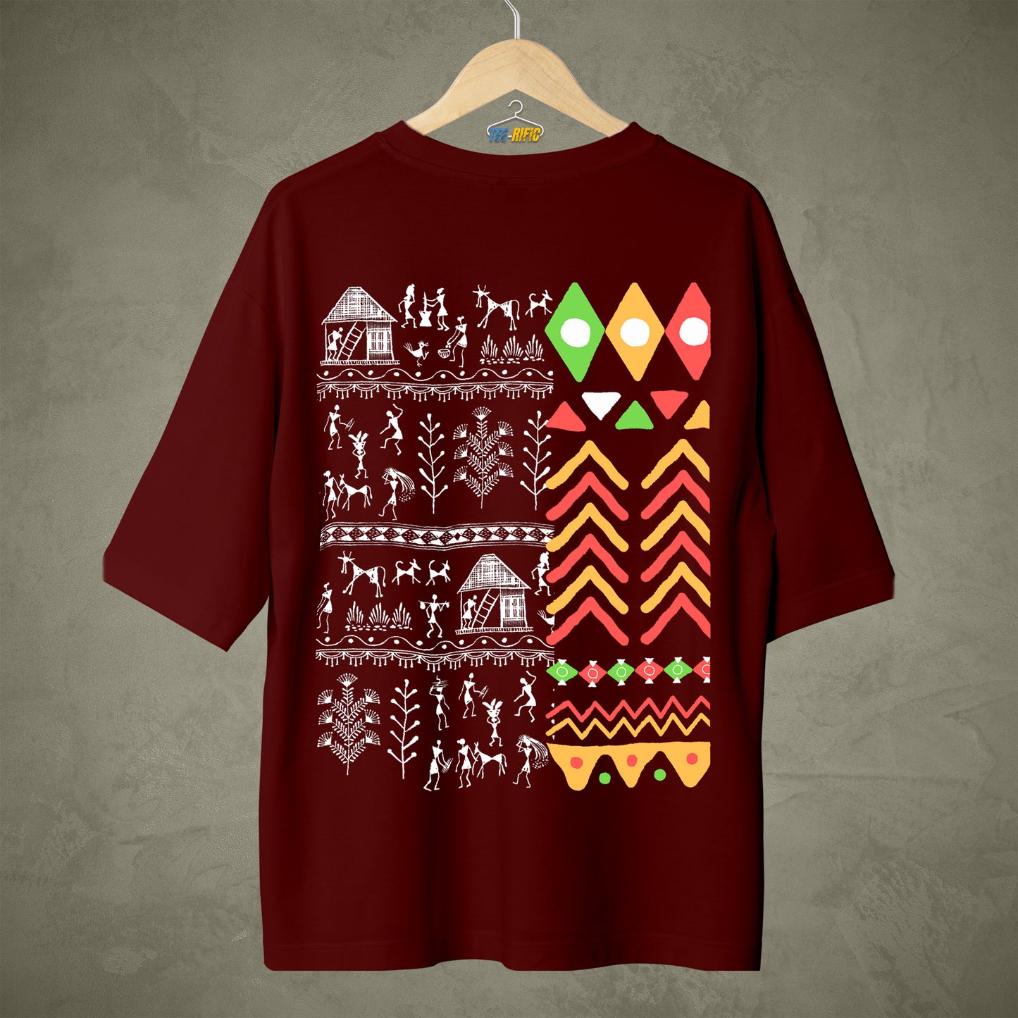 Warli Tribal Art Over Sized Maroon T- shirt. ideal for those who appreciates Local art of different communities.