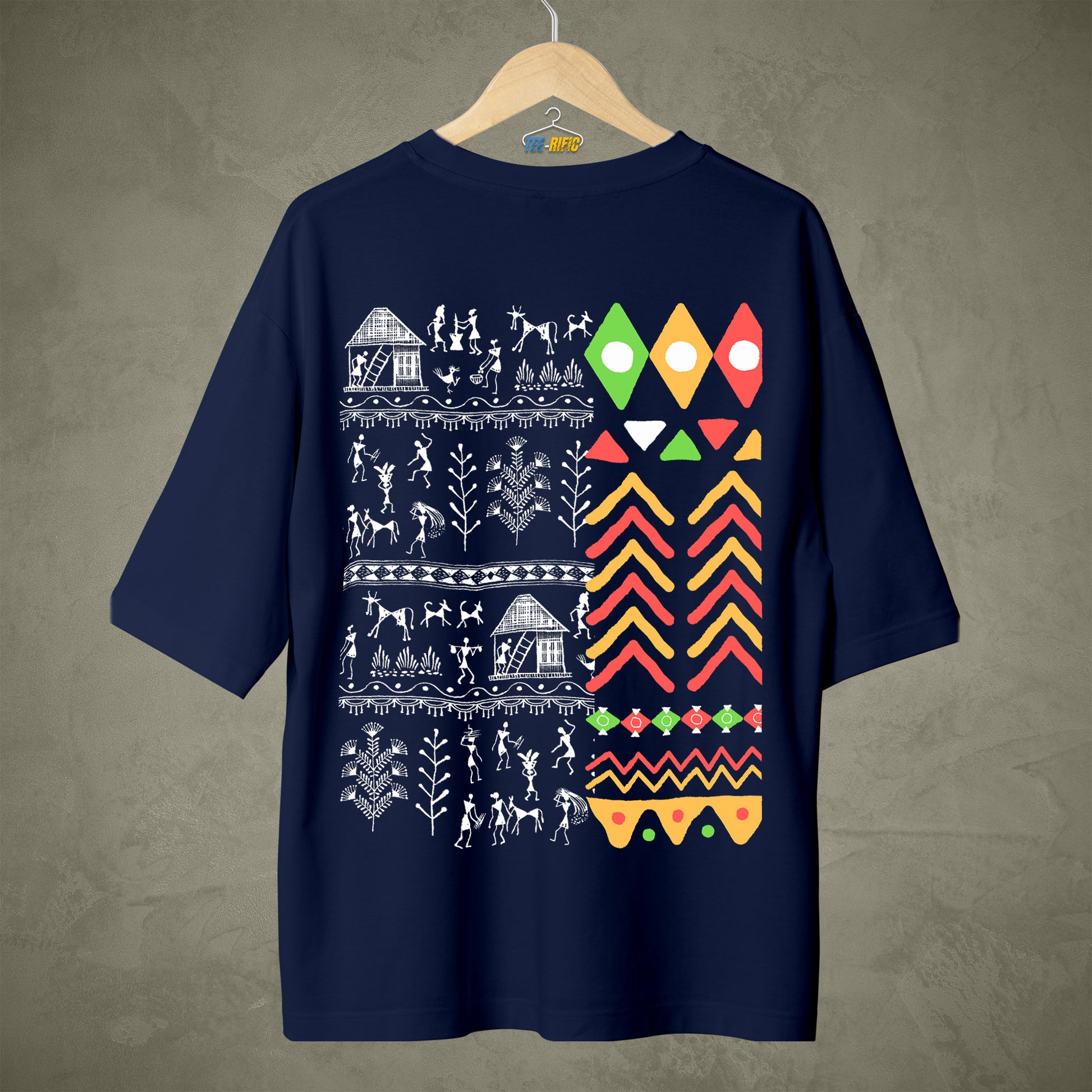 Warli Tribal Art Over Sized Navy Blue T- shirt. ideal for those who appreciates Local art of different communities.