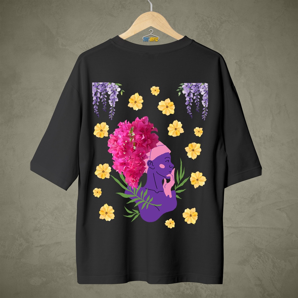 Floral Drip - Bougainvillea Oversized Terry Tee (Black, S)