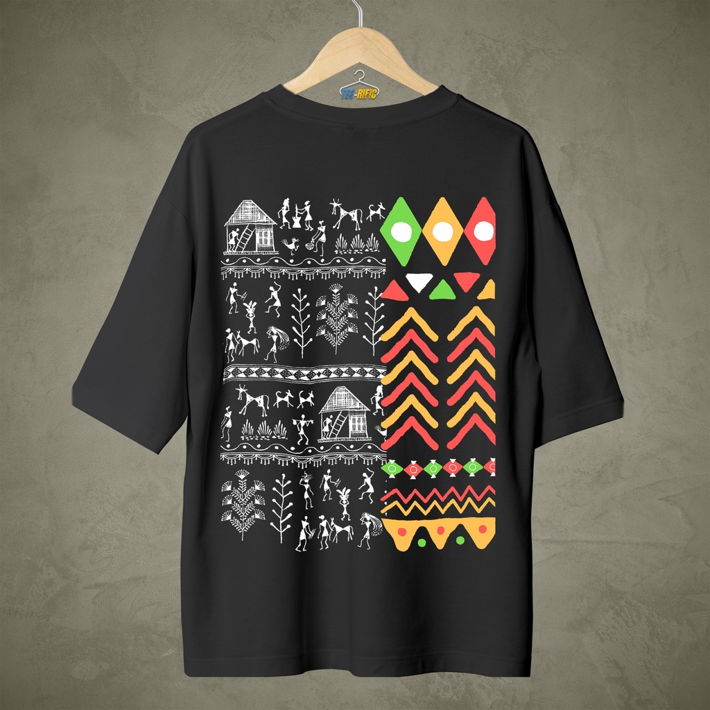 Warli Art - Tribal Threads - Unisex Oversized Terry Tee (Black, S)