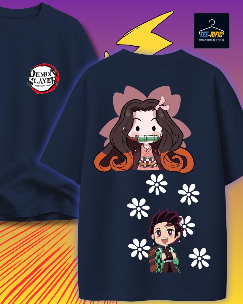 Demon Slayer Duo Oversized Tshirt (S, Navy Blue)