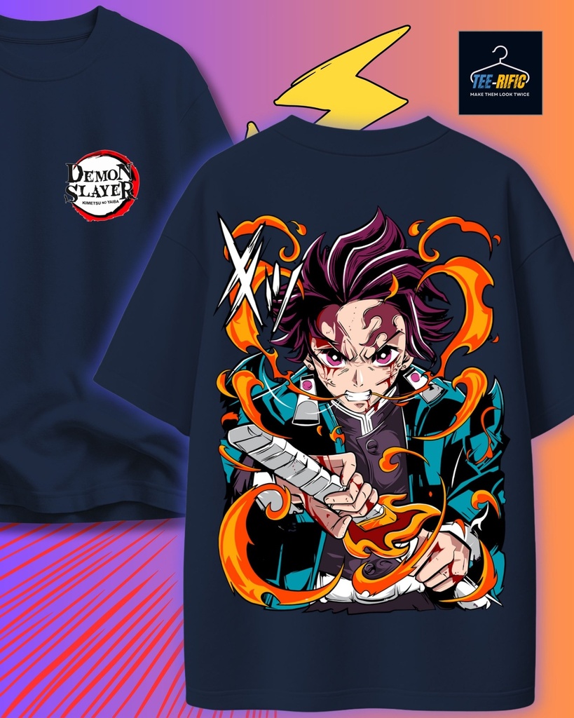 Demon Slayer Tanjiro Oversized Tshirt (S, Navy Blue)