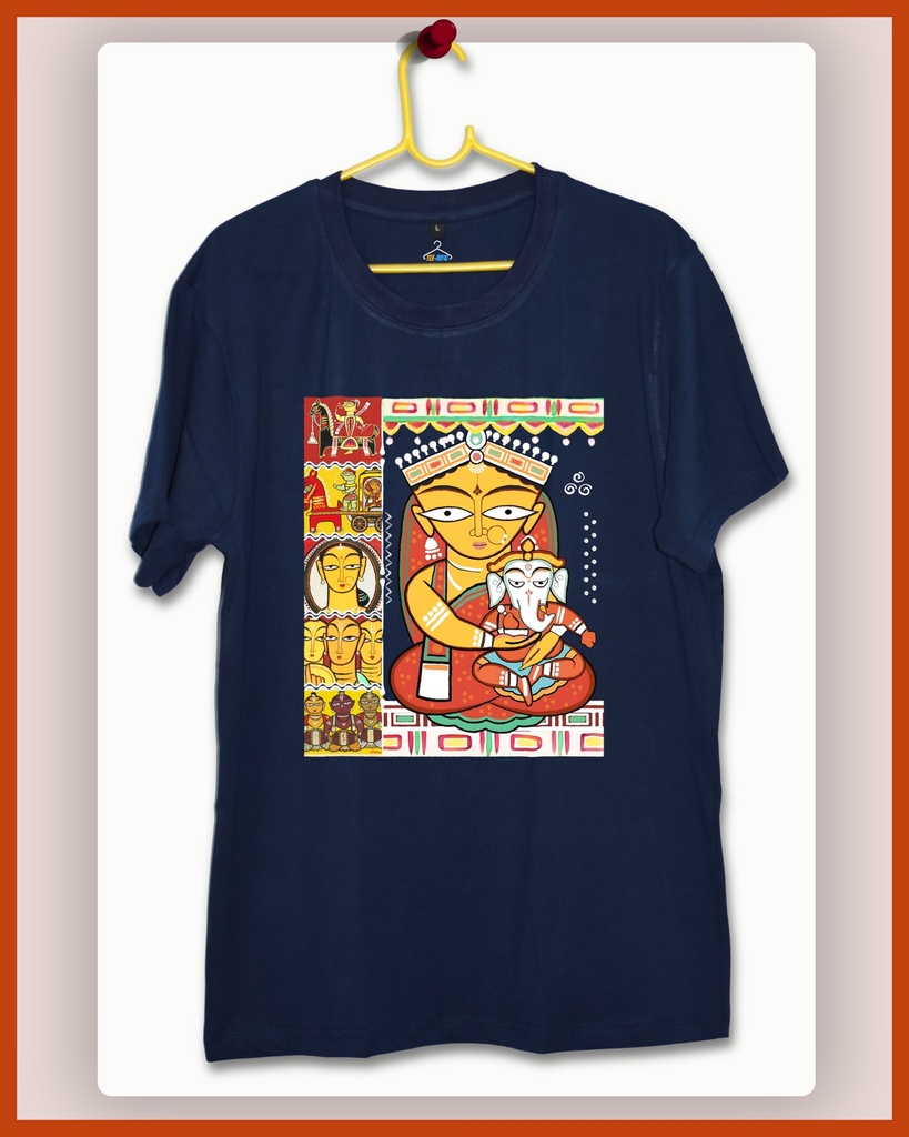 Durga O Ganesh Unisex Traditional Tshirt (S, Navy Blue)
