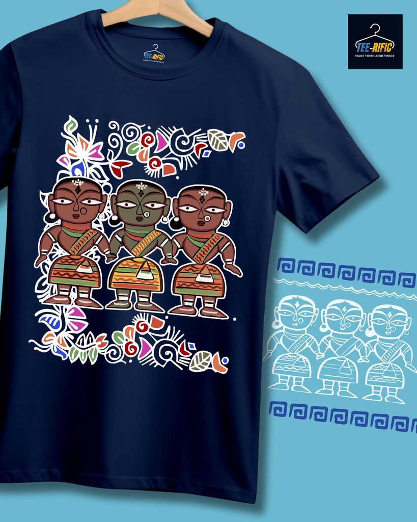 Tribal Art Figurine Alpona Unisex Traditional Tshirt (Navy Blue, S)