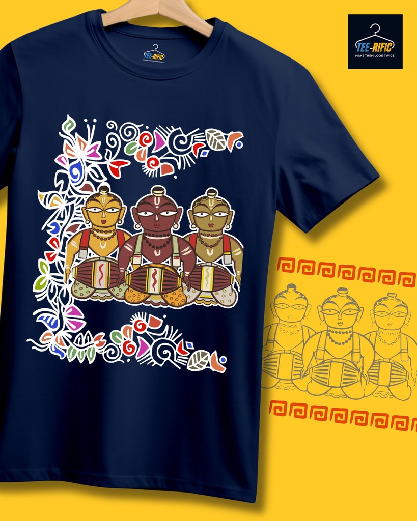 Folk Art Kirtankar Alpona Unisex Traditional Tshirt (Navy Blue, S)