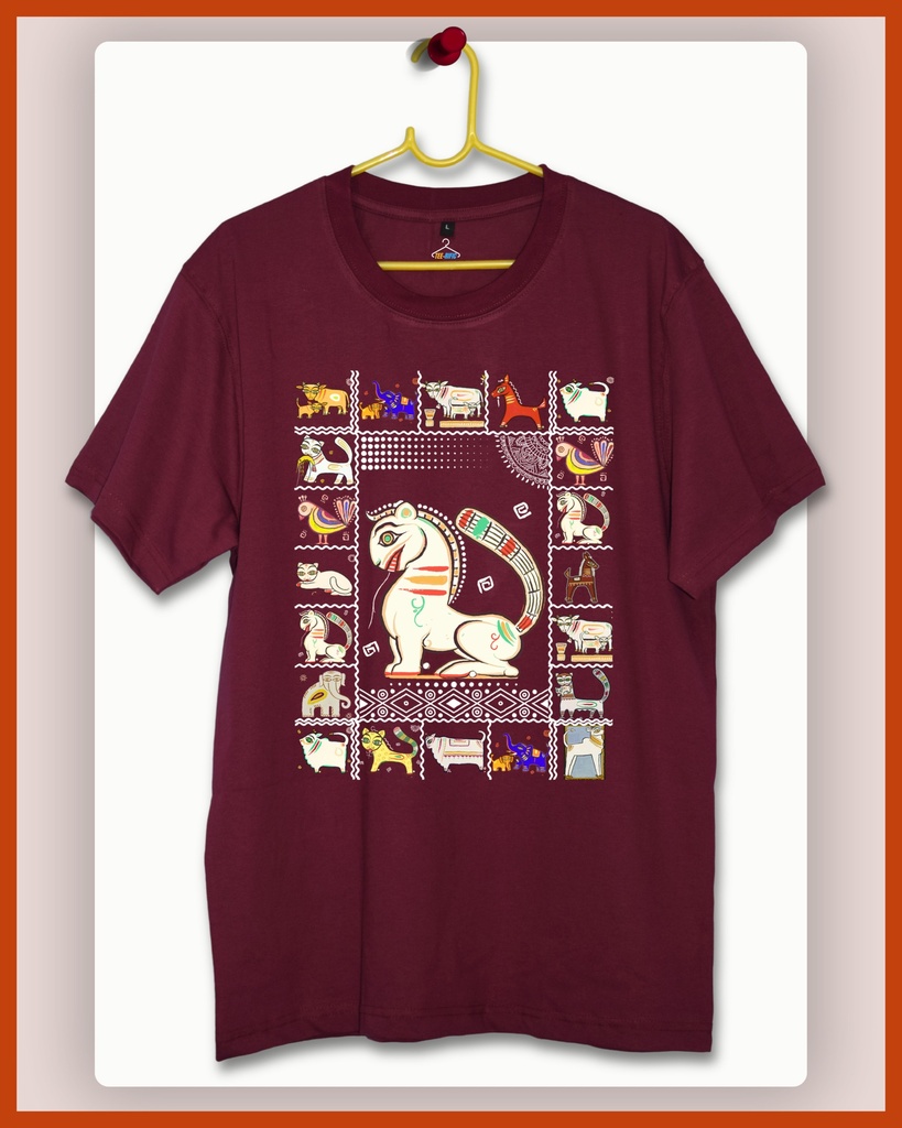 Bishnupur Potochitro Lion Unisex Traditional Tshirt (Wine, S)