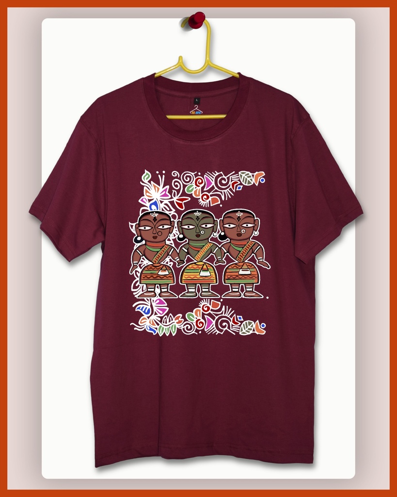 Tribal Art Figurine Alpona Unisex Traditional Tshirt (Wine, S)