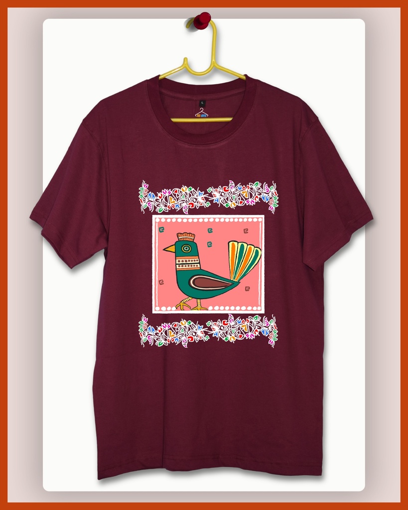 Folk Art Bird Alpona Unisex Traditional Tshirt (S, Wine)
