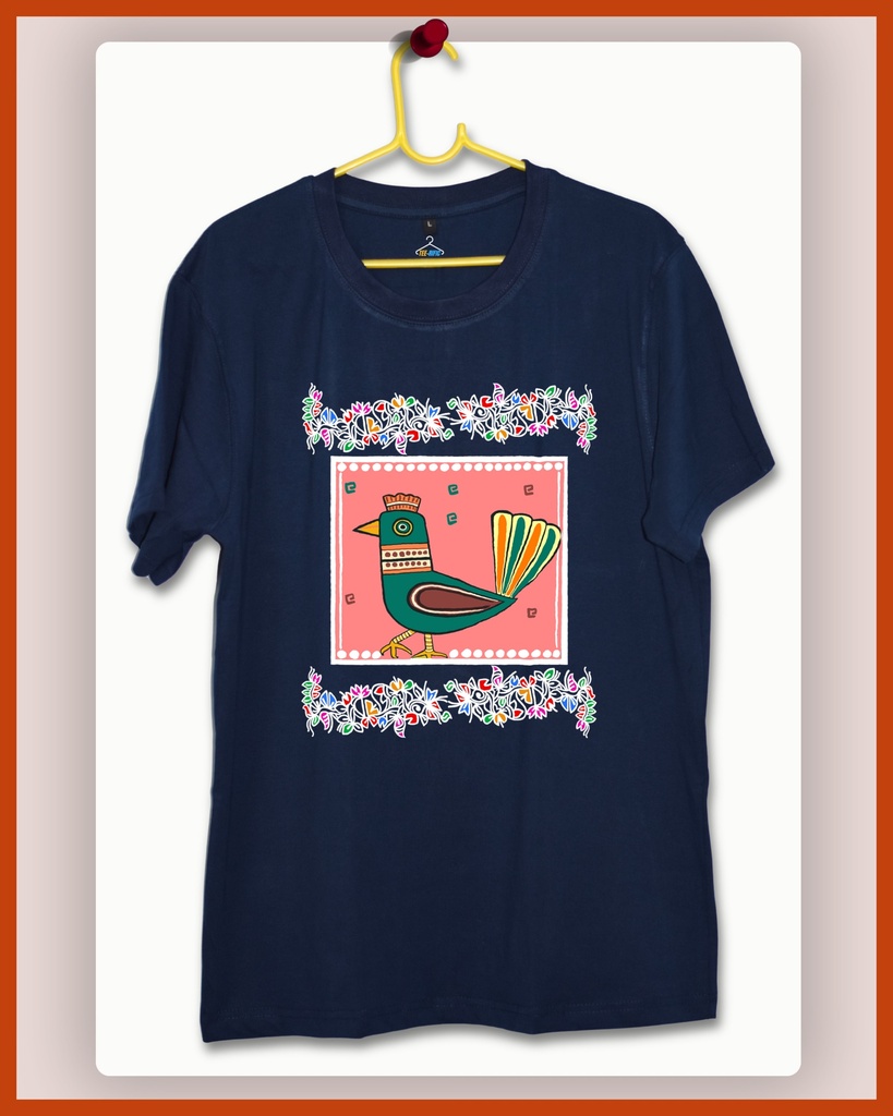 Folk Art Bird Alpona Unisex Traditional Tshirt (S, Navy Blue)