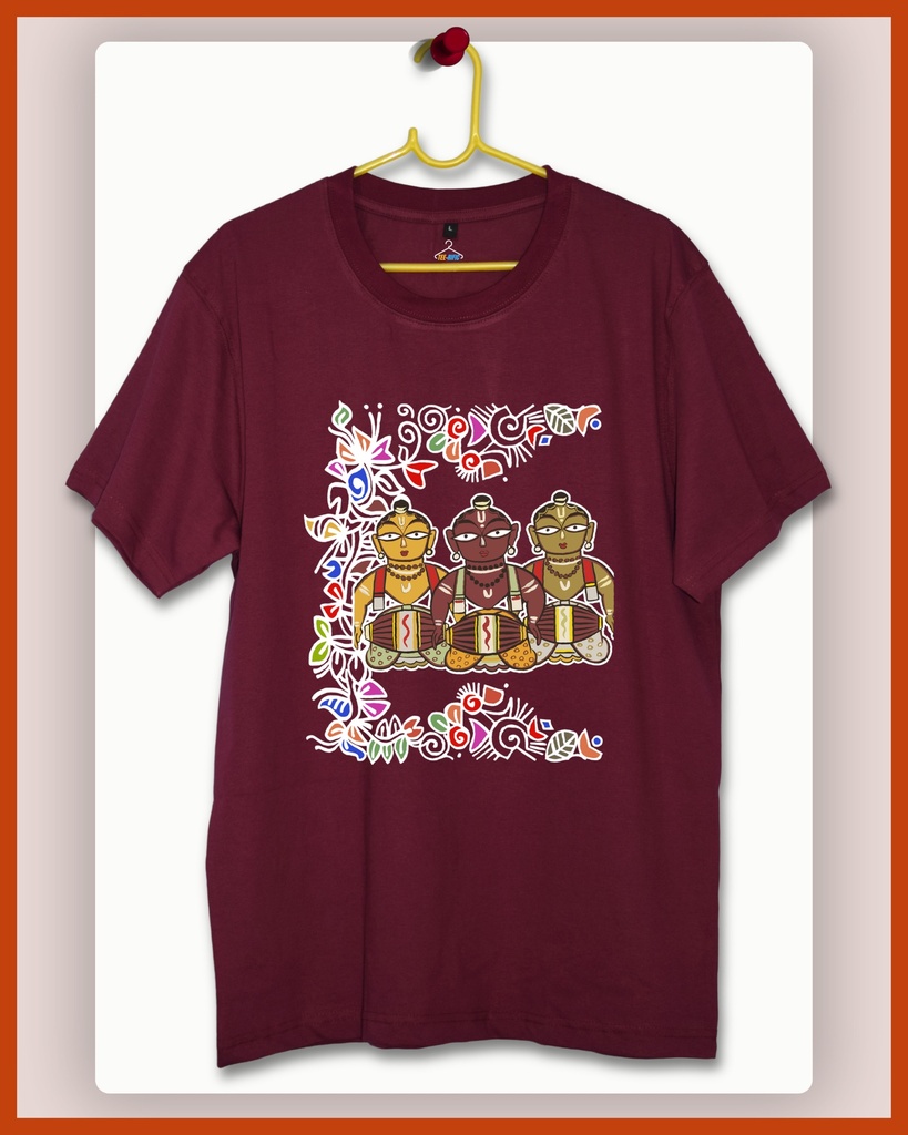 Folk Art Kirtankar Alpona Unisex Traditional Tshirt (Wine, S)