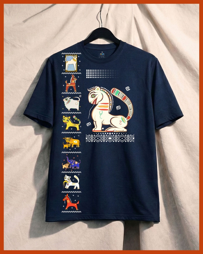 Bishnupur Potochitro Lion All Over Printed Unisex Tshirt (S, Navy Blue)