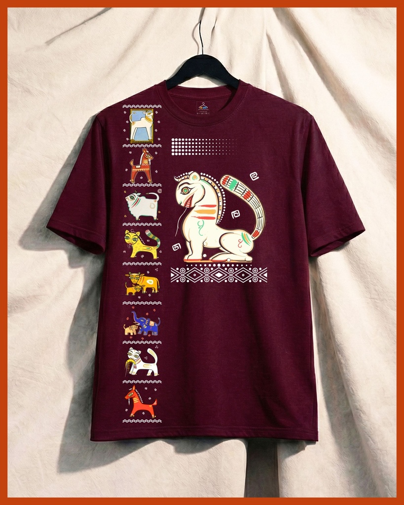 Bishnupur Potochitro Lion All Over Printed Unisex Tshirt (S, Wine)