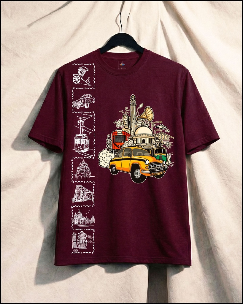 Kolkata Canvas All Over Printed Unisex Tshirt (S, Wine)