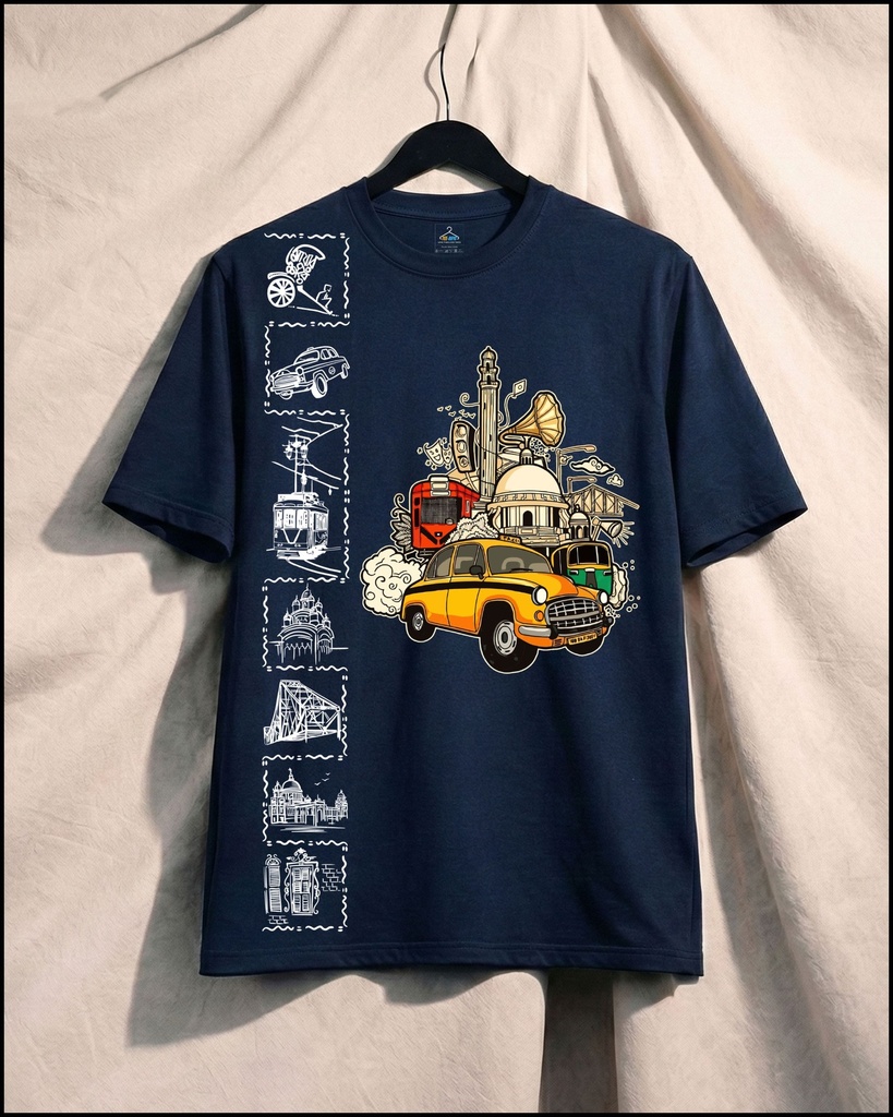 Kolkata Canvas All Over Printed Unisex Tshirt (S, Navy Blue)