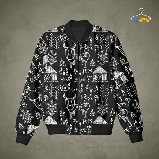 Warli Art Tribal Fusion - All Over Printed Bomber Jacket - Unisex Design